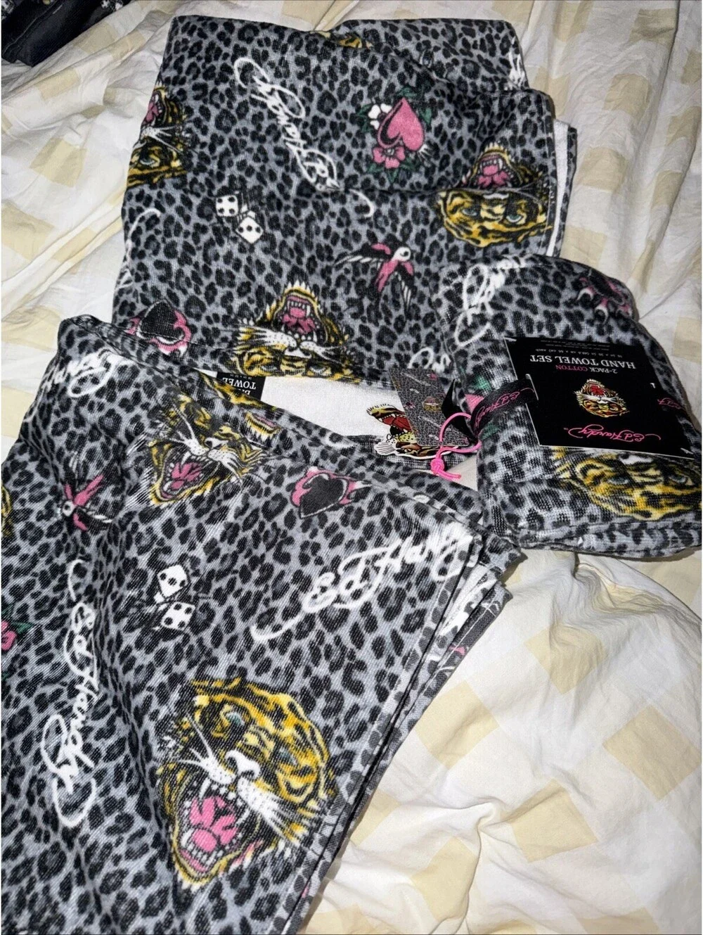 Ed Hardy Bath & Hand Towel Set Tiger Dice Heart Leopard Print NWT